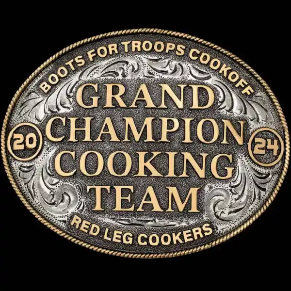 "Our Crawford belt buckle is hand-engraved on a German Silver base, feautring a traditional rope edge and lettering in Jeweler's Bronze. To tie all the elements of this buckle together, we added a stippled background and our signiture antque finish. 